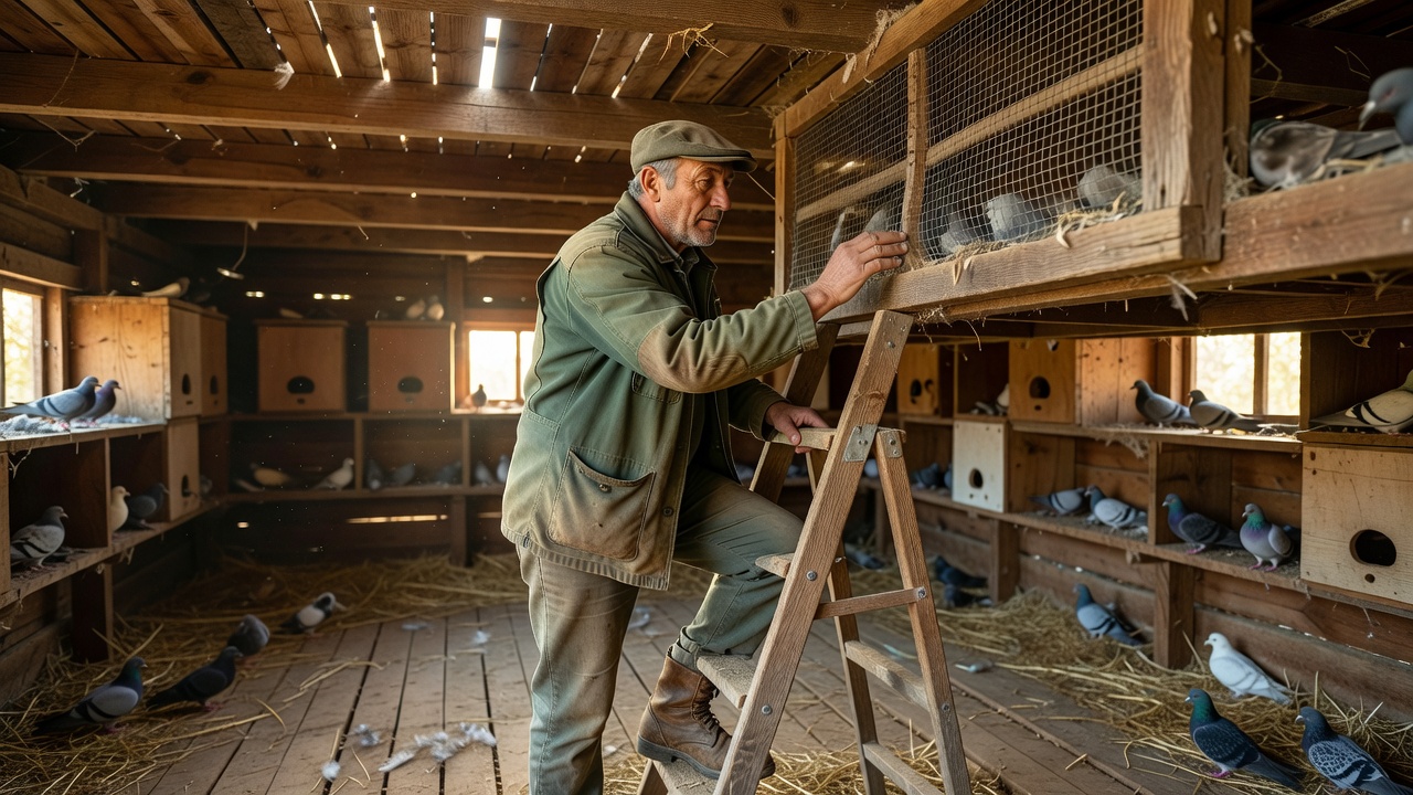 Keeper inspecting a reachable high-level ventilation grille inside a naturally lit pigeon loft