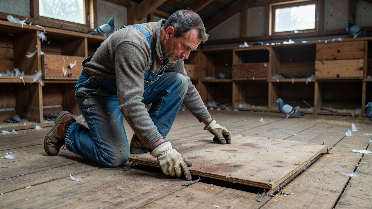 Keeper checking a removable floor panel edge for gaps and exposed fixings in a pigeon loft
